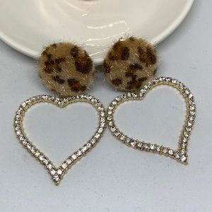 Faux leopard fur crystal heart drop earrings